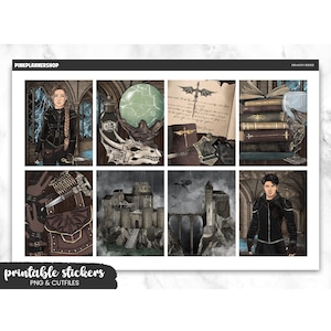 May include: Printable stickers with fantasy illustrations. The images include a woman in black, a dragon skull, a castle, and a man in black. The text "printable stickers" and "PNG & CUTFILES" is also present.
