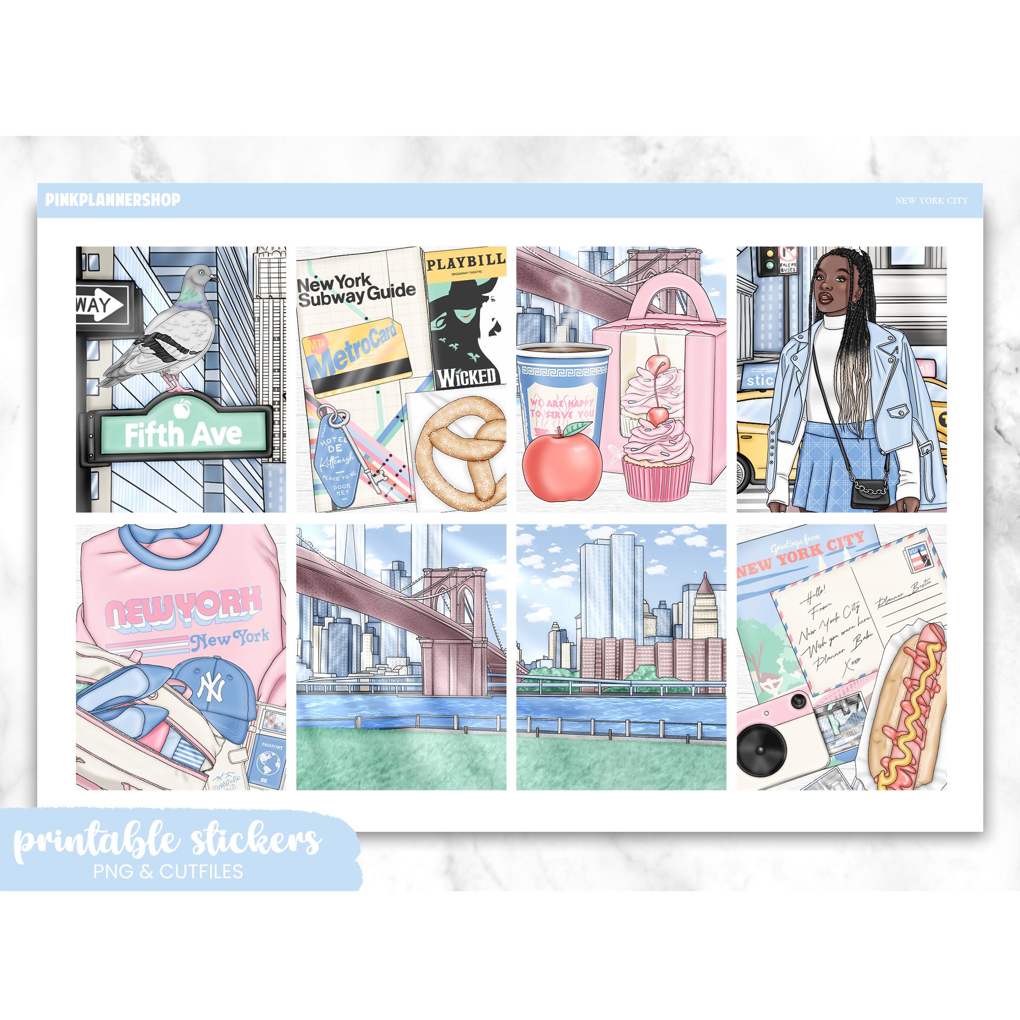 Printable Planner Stickers, New York, Erin Condren, Sticker Sheets, Vertical Stickers, Cut Files, Cricut PNG, Travel Stickers