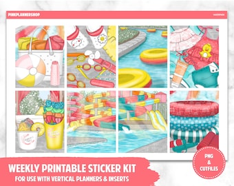 Printable Planner Stickers, Weekly Sticker Kit, WaterPark, Erin Condren Planner Stickers, Vertical Sticker Kit, Cut File, Cricut PNG