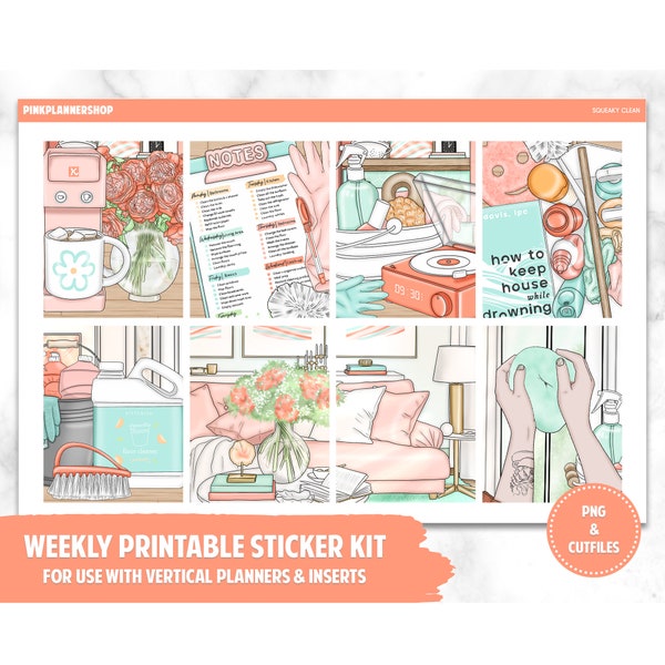 Printable Planner Stickers, Weekly Sticker Kit, Squeaky Clean, Erin Condren Planner Stickers, Vertical Sticker Kit, Cut File, Cricut PNG