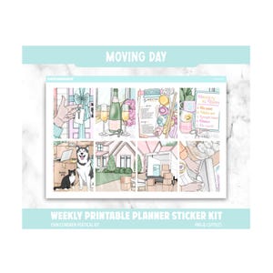 May include: A weekly printable planner sticker kit with a moving day theme. The design includes illustrations of moving boxes, a house, champagne, and pets. The text "MOVING DAY" is at the top.