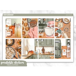May include: A sheet of printable stickers with a fall theme. The design includes illustrations of pumpkins, coffee, baking supplies, and the text "Cozy Fall Vibes" and "Pumpkin Spice". The stickers are labeled "PNG & CUTFILES".