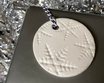 Handmade Rustic White Christmas Clay Gift Tag, Ornament, Tree Decoration, Place Setting or Keepsake.