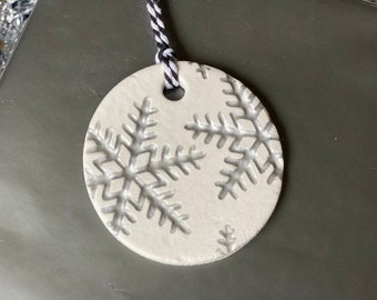 Handmade Rustic White and Silver Christmas Clay Gift Tag, Ornament, Tree Decoration, Place Setting or Keepsake.