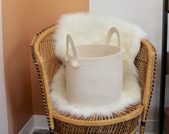 Large woven basket with minimalist rainbow handles