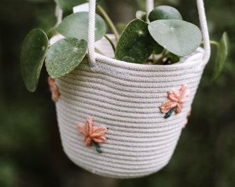 Floral embroidered hanging planter basket