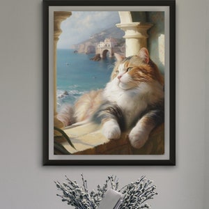 Élégant chat ragdoll se prélassant au soleil surplombant la mer Adriatique en Méditerranée - téléchargement numérique de l'art à l'huile original, cadeau pour animal de compagnie