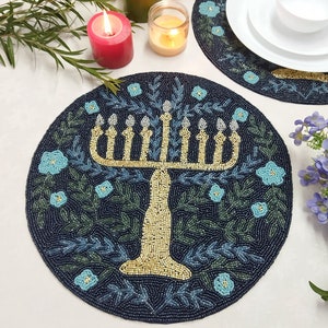 Handmade Menorah Beaded Placemats in Navy Blue
