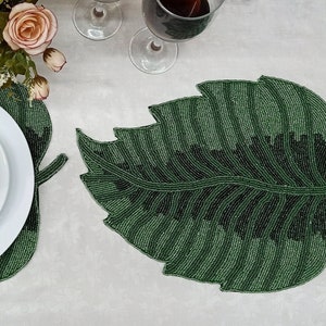 Handmade green leaf shaped beaded placemat