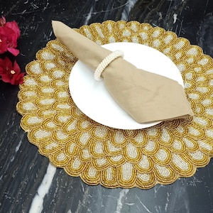 Handmade Gold Dahlia Flower Beaded Placemat