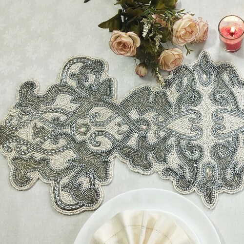 Handmade Table Runner Beaded Table Runner Silver White Etsy