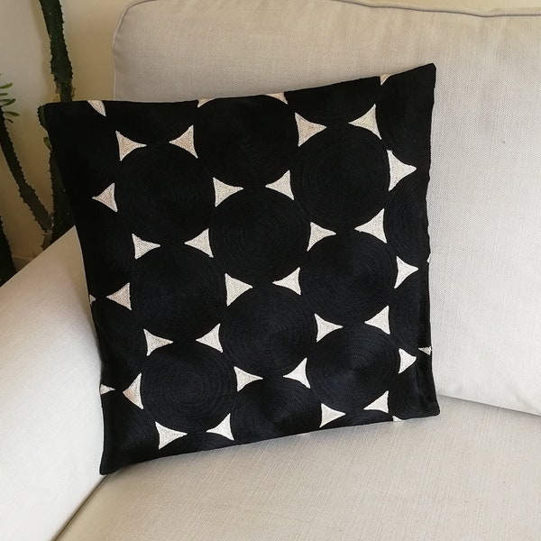 Black and Off white Crewel embroidered cushion cover