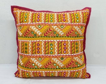 Multi Colored Embroidered Geometric Pattern Cushion Cover