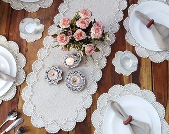 White Ivory Handmade Beaded Pearl Sheer Victorian Wedding Table Runner Placemats White Ivory Handmade Beaded Pearl Sheer Victorian Wedding Table Runner Placemats