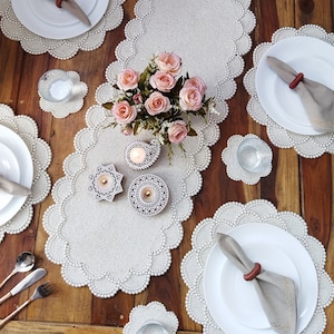 Handmade Pearls Beaded Table runner, Matching placemats and coasters also available