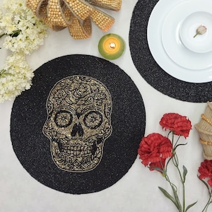 Gold Skull Black Round Handmade Beaded Placemats. Halloween placemat.