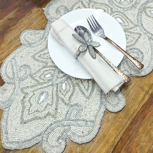 Handmade Table Runner Beaded Table Runner Silver White Etsy