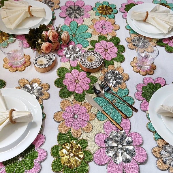 Handmade Multicolour Flower Beaded Table runner