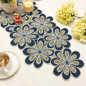 Handmade gold flower beaded Table runner. Matching Placemats also available