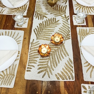 Off-white with Gold Leaves Handmade Beaded Table Runner, Placemats and coasters also available