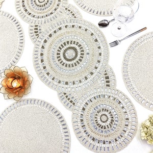 Handmade off-white Beaded Table runner with gold and silver stones. Matching placemats are also available