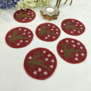 Handmade Red Christmas Beaded coasters - Set of 6