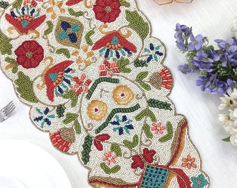 Beaded Table Runner |Multicolor Floral Geometric Design | Luxury Festive Decor | 13"x36"