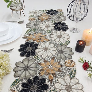 Black and off-white Floral Handmade Beaded Runner
