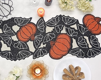Pumpkin And Bats Handmade Beaded Table Runner