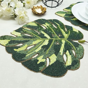 Handmade Green Monstera Leaf Beaded Placemat