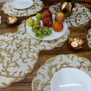 Off-white & Gold Beaded Table Runner, Handmade Beaded Runner, Placemats also available