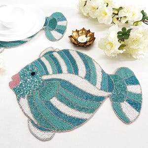 Handmade aqua blue fish shaped beaded Placemats