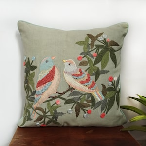 Birds embroidered pillow cover