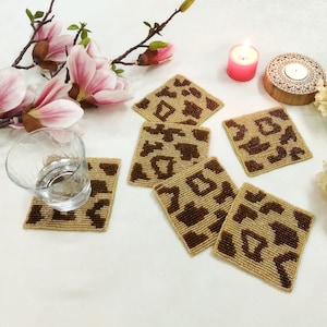 Posavasos con cuentas y estampado de leopardo hechos a mano - Juego de 6