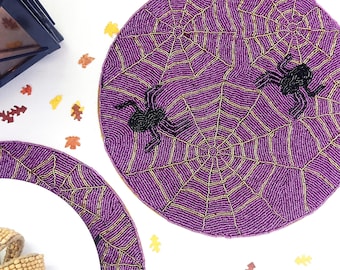 Handmade Halloween Purple Beaded Placemat with Black-Gold Spiderweb