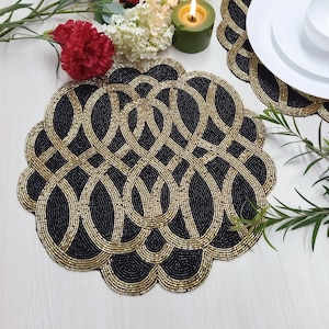 Black And Gold Handmade Beaded Placemat. Set of 2/4/6 also available