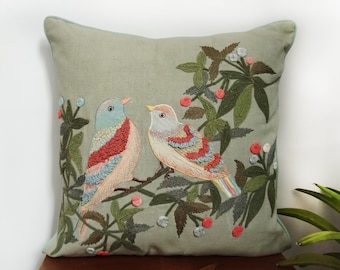 Birds embroidered pillow cover