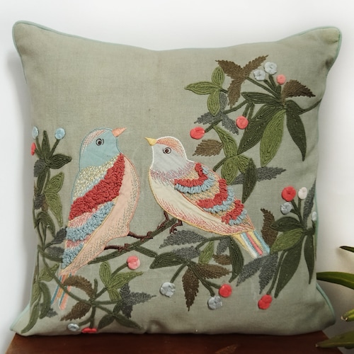 Birds Embroidered Pillow Cover Etsy