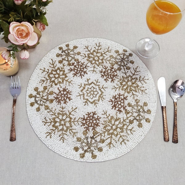 Handmade  off white and gold snow flakes  beaded placemat