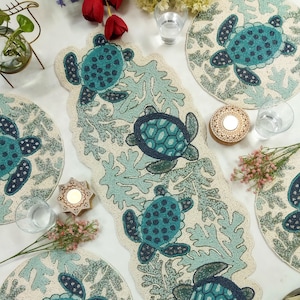 Handmade Blue Turtles Beaded Table Runner