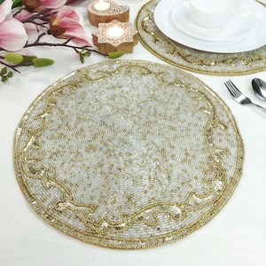 Handmade white and gold beaded table placemats