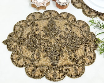 Handmade gold ornate design beaded oval placemat