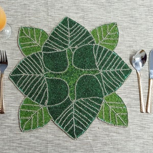 Handmade Green Leaf Beaded Placemat