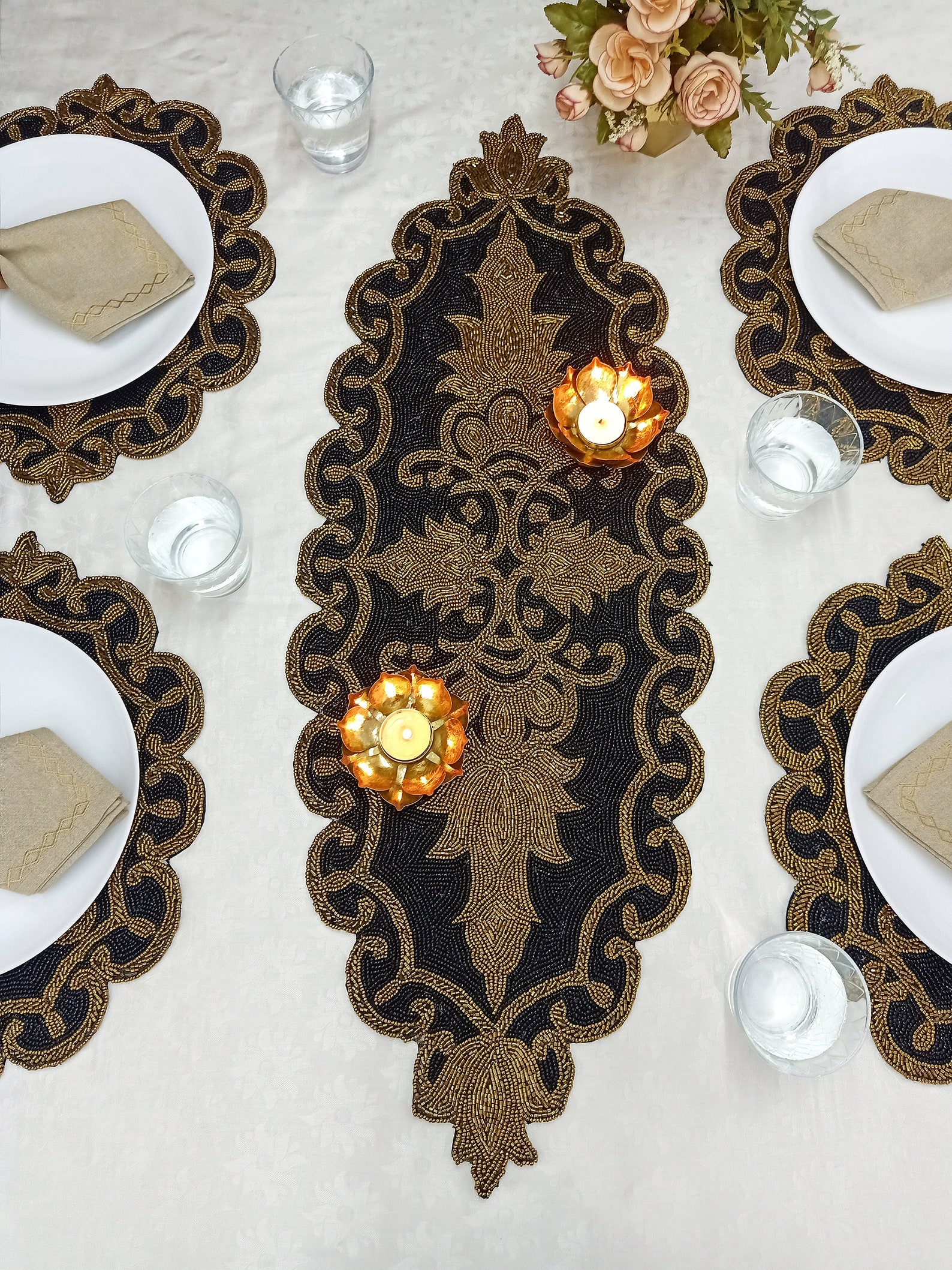 Black Gold Handmade Beaded Table Runner Ornate design Table Etsy