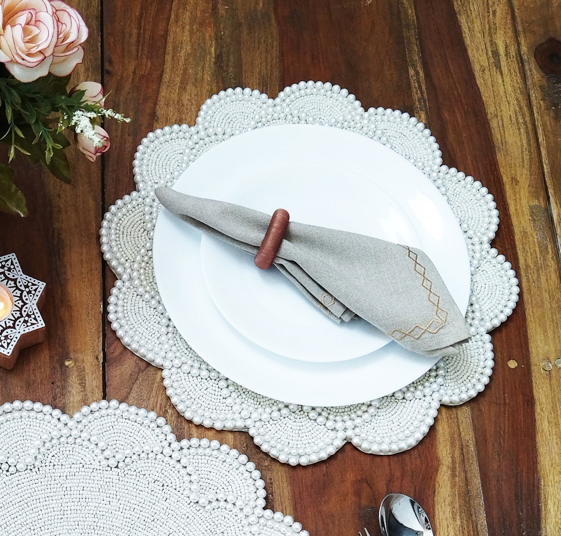 Handmade Pearl Table Placemat // Beaded Charger // Offwhite Etsy