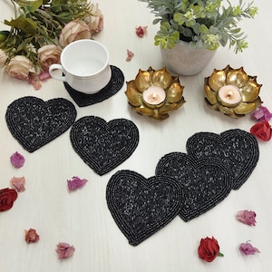 Black Heart Shaped Beaded Coaster - Set of 6