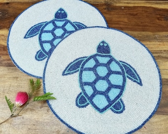 Handmade Beaded Turtle Placemat: Blue & White Table Decor (14"x14")