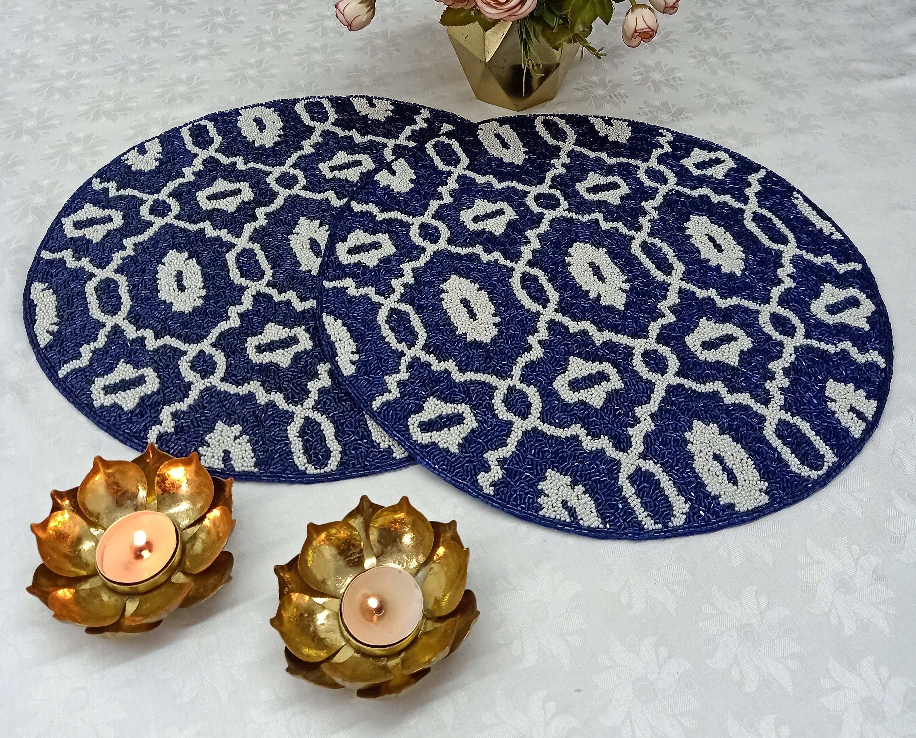 Handmade Blue white Beaded Placemat // Living room table Etsy