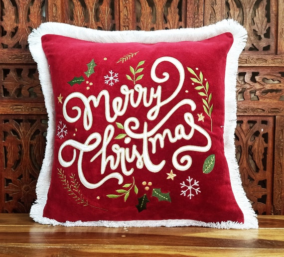 Merry Christmas Embroidered Pillow