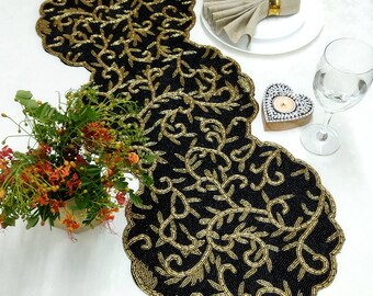 Black and Gold Handmade Beaded Table Runner - Etsy